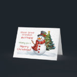 Great Great Grandson Cute Christmas Snowman Card<br><div class="desc">This charming Christmas card features a joyful snowman wearing a black hat adorned with holly and a cosy red plaid scarf, standing in front of a beautifully decorated Christmas tree with a shining star on top. Soft snowflakes fall gently from the sky, adding to the festive atmosphere. A perfect card...</div>