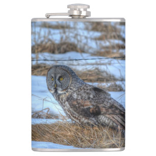 Great Grey Owl and Snow Wildlife Raptor Photo Hip Flask