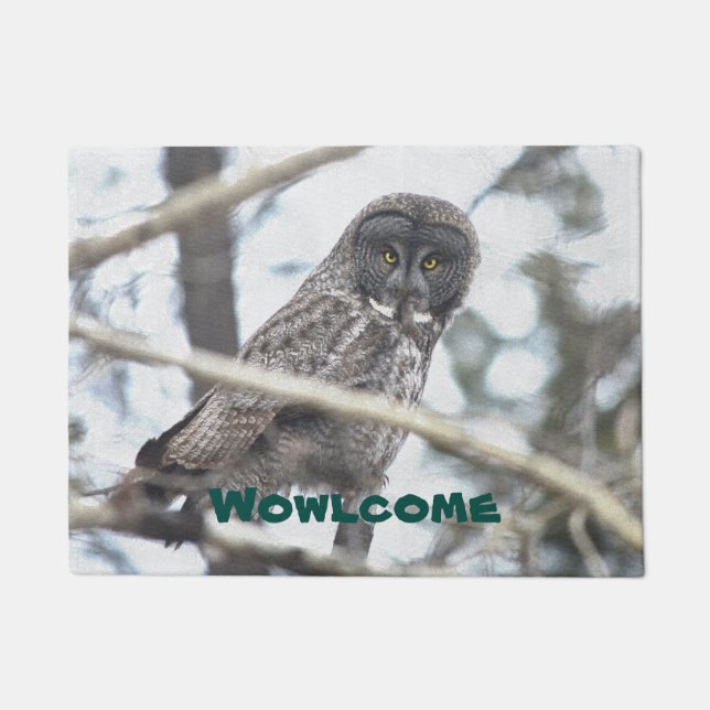 Great Grey Owl on Branch Welcome Mat (Front)