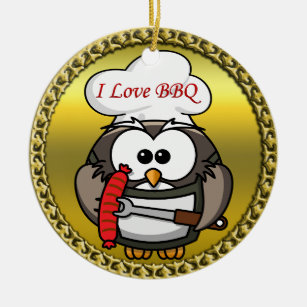 Great horn owl with BBQ in hand and a gold frame Ceramic Tree Decoration