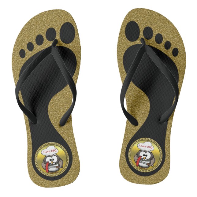 Great horn owl with BBQ in hand and a gold frame Flip Flops (Footbed)