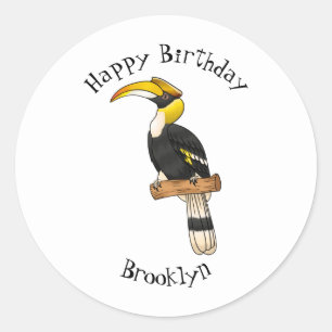 Great hornbill bird cartoon illustration  classic round sticker