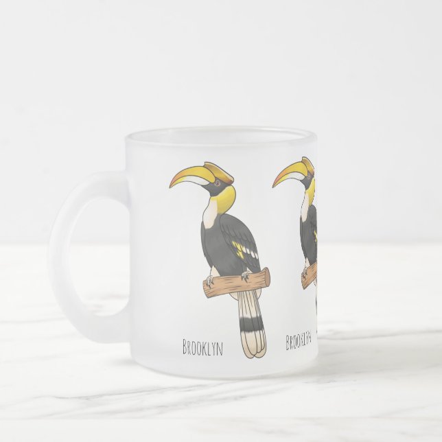 Great hornbill bird cartoon illustration  frosted glass coffee mug (Left)