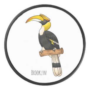 Great hornbill bird cartoon illustration hockey puck