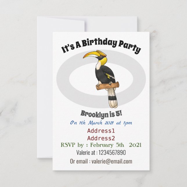 Great hornbill bird cartoon illustration invitation (Front)