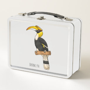 Great hornbill bird cartoon illustration metal lunch box