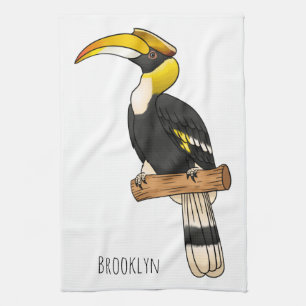 Great hornbill bird cartoon illustration  tea towel