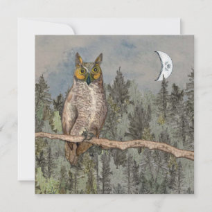 Great Horned Owl and Moon Blank Flat Note Card