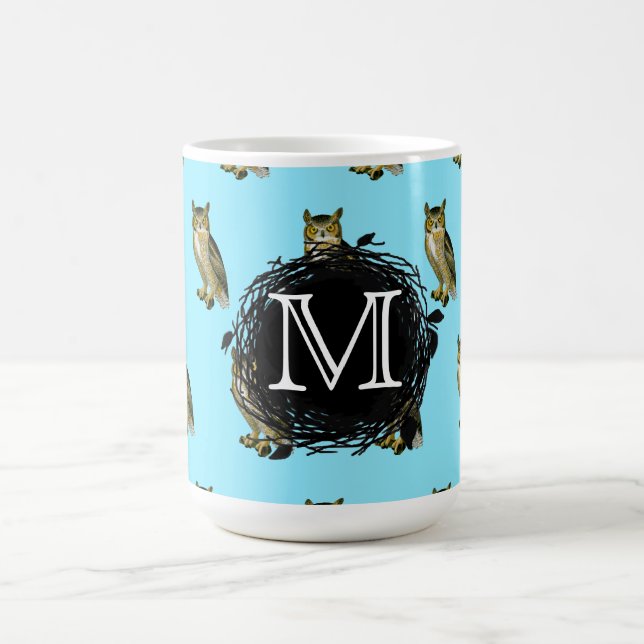 Great Horned Owl Blue Pattern Monogram Coffee Mug (Center)