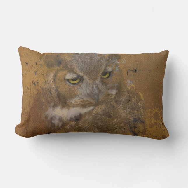 Great Horned Owl Faded on Old Wood Lumbar Cushion (Front)