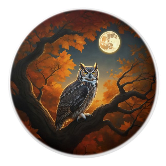 Great Horned Owl in Autumn Ceramic Knob (Front)