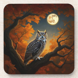Great Horned Owl in Autumn Coaster