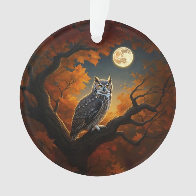 Great Horned Owl in Autumn Ornament (Front)