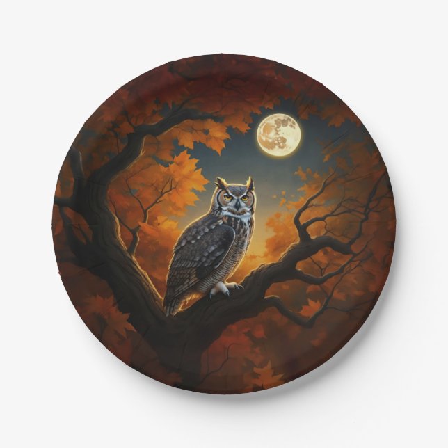 Great Horned Owl in Autumn Paper Plate (Front)