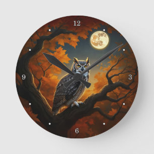 Great Horned Owl in Autumn Round Clock