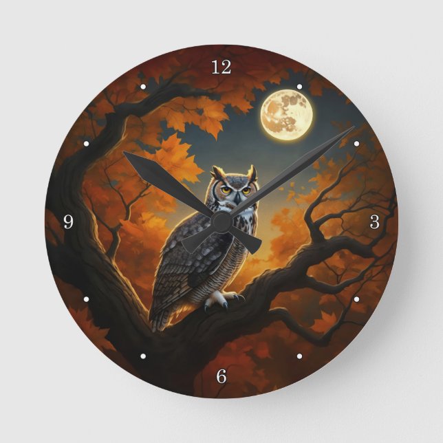 Great Horned Owl in Autumn Round Clock (Front)