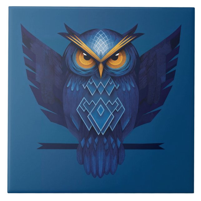 Great Horned Owl In Blue Tile (Front)