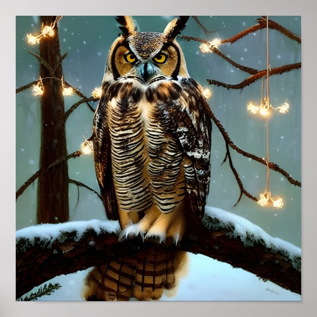 Great Horned Owl in Winter Digital Art Poster (Front)
