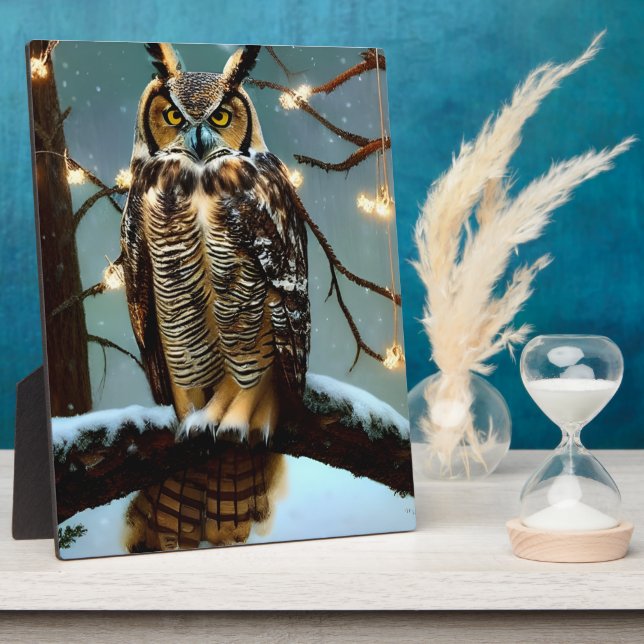 Great Horned Owl in Winter Digital Art Tabletop Plaque (Side)