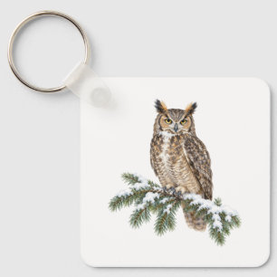 Great Horned Owl on a Snowy Spruce Key Ring