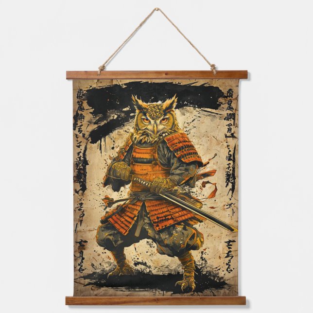 Great Horned Owl Samurai Warrior - Japanese Ink Hanging Tapestry (Front)
