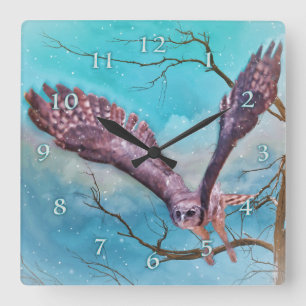 Great Horned Owl "Winter Soldier " Square Wall Clock