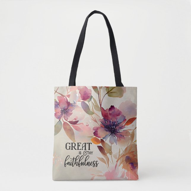 Great is Thy Faithfulness Christian Hymn Floral Tote Bag (Front)