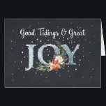 Great JOY Christmas Poinsettia and Snow on Black<br><div class="desc">Spread good tiding and great joy with this Christmas card. Chalkboard looking black background sets off the main word of JOY,  surrounded by a spray of poinsettia and evergreen boughs with a pinecone. Snow dots enhance the winter feel.</div>
