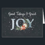 Great JOY Christmas Poinsettia and Snow on Black<br><div class="desc">Spread good tiding and great joy with this Christmas card. Chalkboard looking black background sets off the main word of JOY,  surrounded by a spray of poinsettia and evergreen boughs with a pinecone. Snow dots enhance the winter feel.</div>