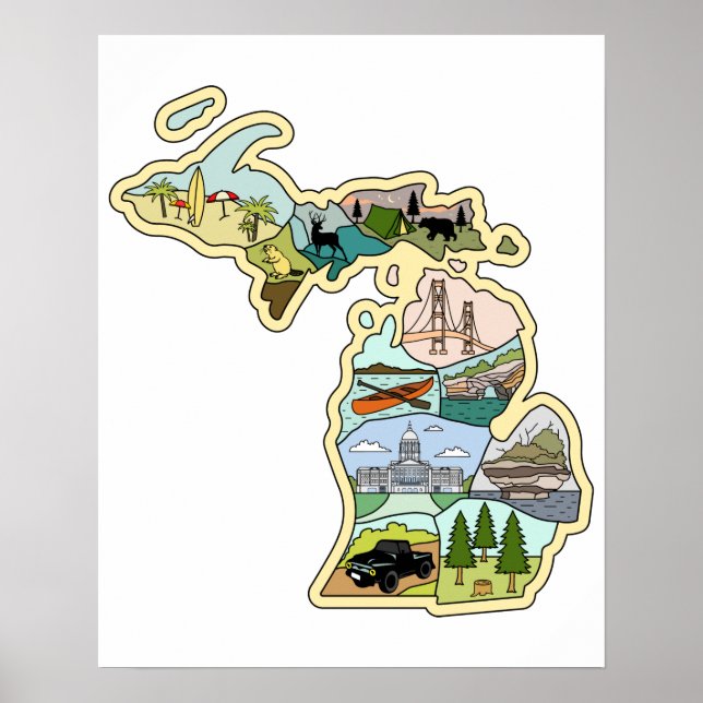 Great Lake State Michigan Vintage Illustrated Map Poster (Front)