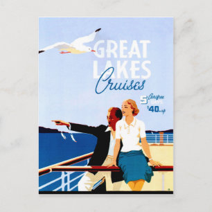 Great lakes cruises, couple on a boat, vintage postcard