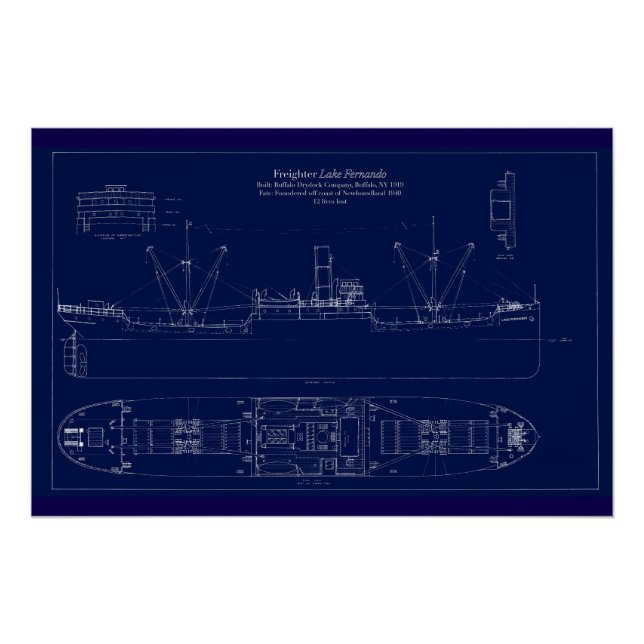 Great Lakes Freighter Lake Fernando Blueprint Poster (Front)