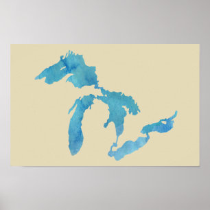 Great Lakes map silhouette in watercolor Poster