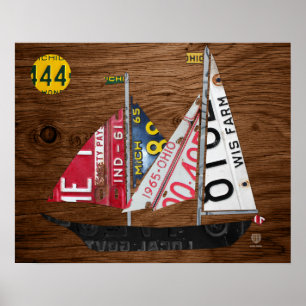 Great Lakes State Sailboat Recycled License Plate Poster
