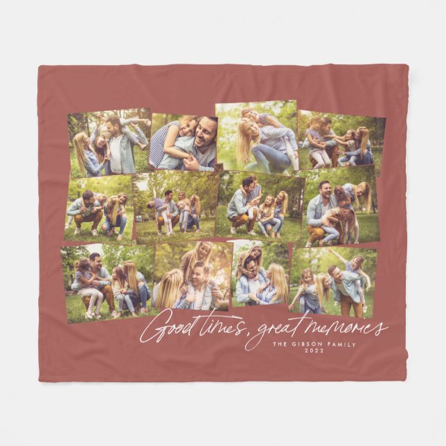 Great memories terracotta 12 photo collage family fleece blanket (Front (Horizontal))