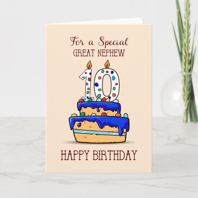 Great Nephew 10th Birthday, 10 on Sweet Blue Cake Card (Front)