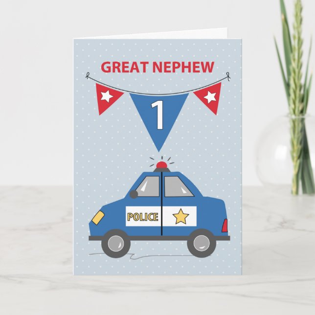 Great Nephew 1st Birthday Blue Police Car Card (Front)