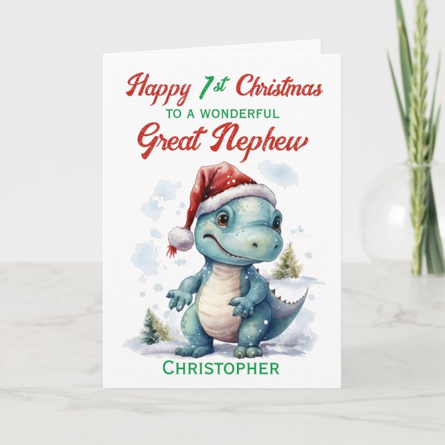 Great Nephew 1st Christmas Dinosaur Holiday Card (Front)
