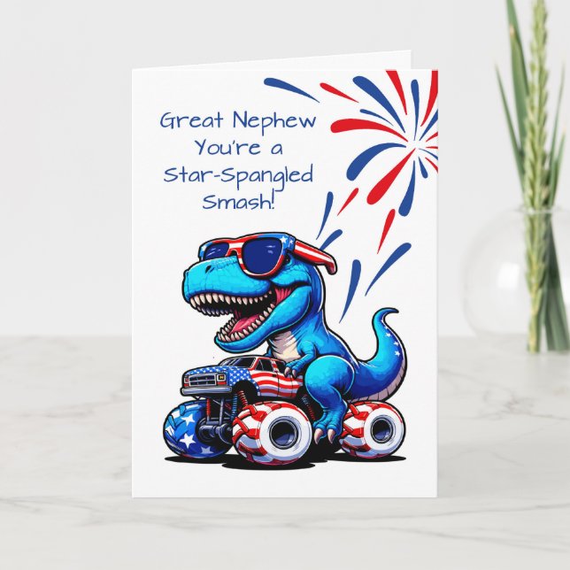 Great Nephew 4th of July Dinosaur T-Rex Truck Card (Front)