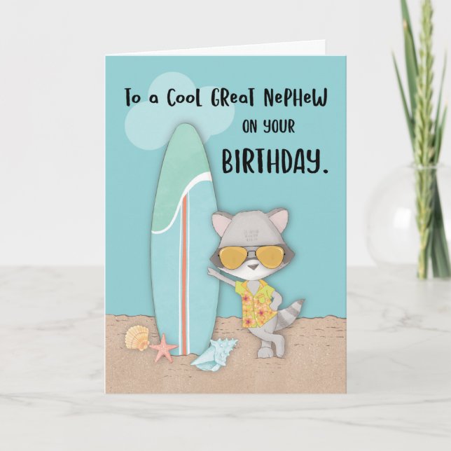 Great Nephew Birthday Beach Funny Cool Racoon Card (Front)