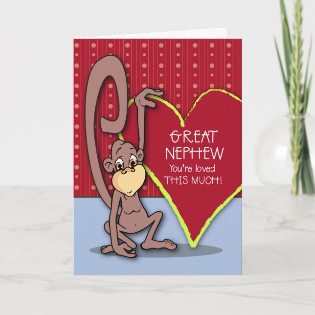 Great Nephew Cute Monkey on Valentine’s Day Holiday Card (Front)