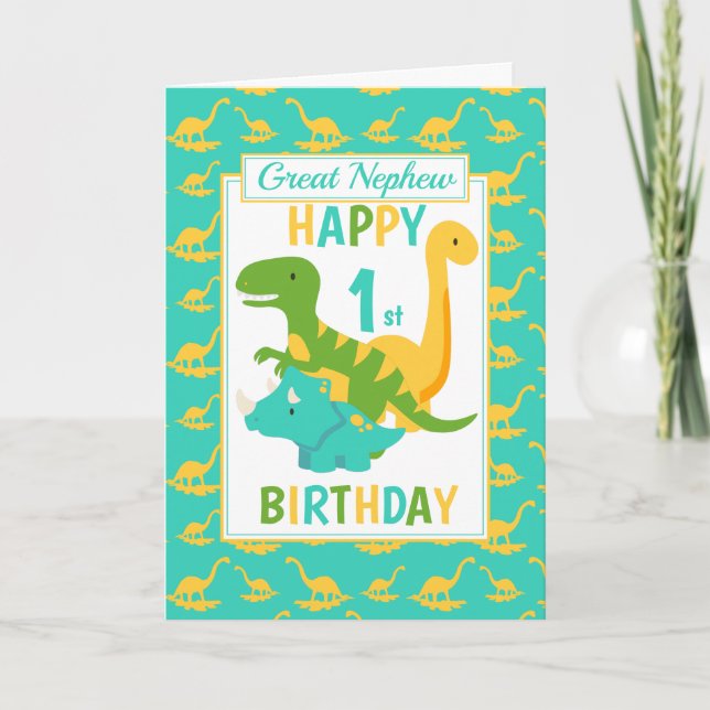 Great Nephew Dinosaur 1st Birthday Blue Card (Front)