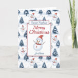 Great Nephew Merry Christmas Snowman Holiday Card<br><div class="desc">A lovely great nephew Christmas card. Design pattern features cute snowmen wearing red santa hats and scarfs and blue snow covered fir trees all on a snowy background. All text can be amended as needed to customise - change great nephew to nephew grandson, son or brother, then personalise with a...</div>