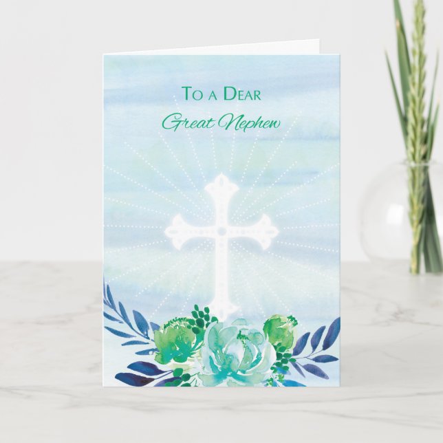 Great Nephew Teal Blue Flowers with Cross Easter Holiday Card (Front)