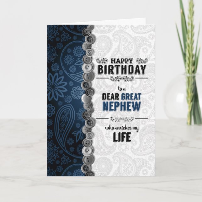 Great Nephew's Birthday Blue Paisley with Buttons Card (Front)