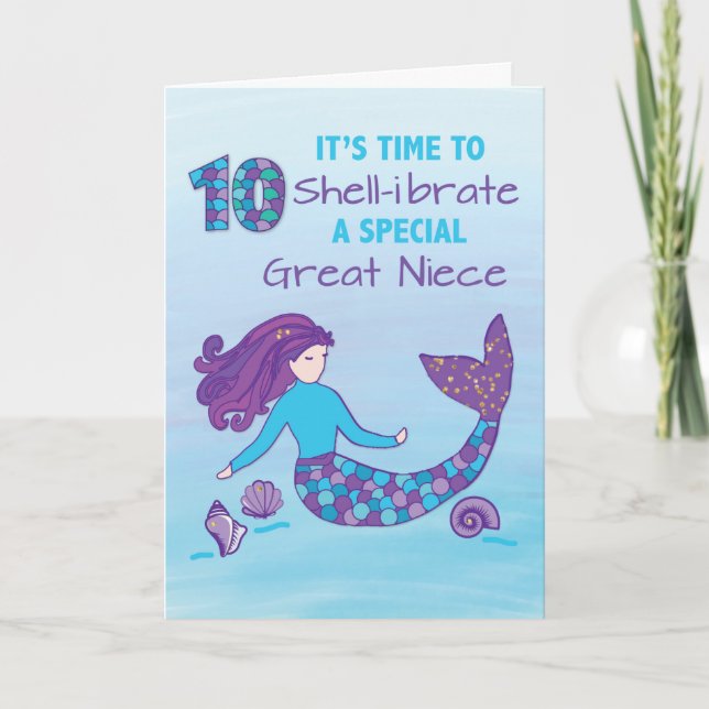 Great Niece 10th Birthday Sparkly Look Mermaid Card (Front)