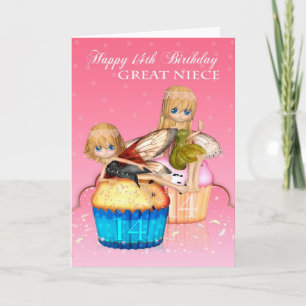 Great Niece 14th Birthday With Cute Fairies Cakes Card