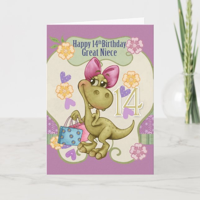Great Niece 14th Birthday With Shopping Dinosaur Card (Front)