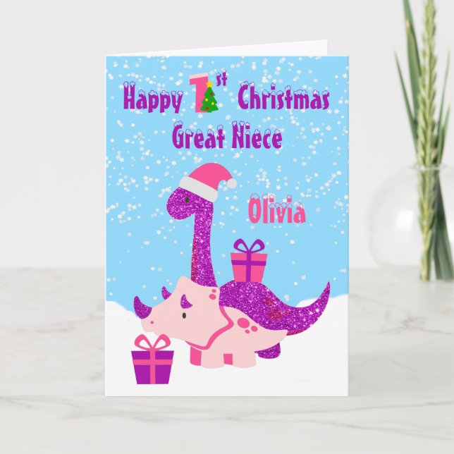 Great Niece 1st Christmas Dinosaur Purple Card (Front)