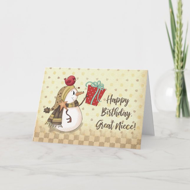 Great Niece Birthday Bird on Snowman Present Card (Front)